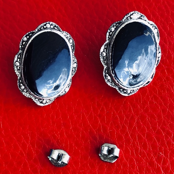 🖤 Vintage Sterling Silver Marcasite Onyx earrings - Picture 5 of 9